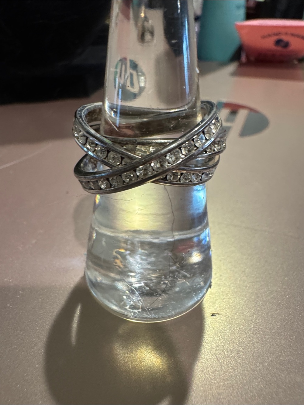 Crystal-Accented Silver Tone Cross-Over Ring - Silver